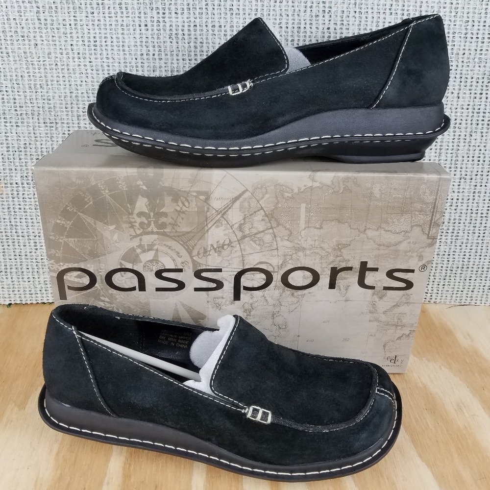 NEW Passports Leather Loafers Black Slip on Shoes
